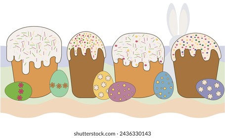 Set of four Easter cupcakes and colored eggs in cartoon style. Vector illustration for holiday banner, postcard, flyer design