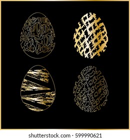 Set of four easter eggs with gold pattern isolated on a dark background
