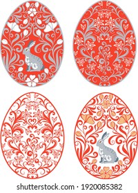 Set of four Easter eggs. Openwork ornament, pattern with flowers, curls. Design for postcards, printing on clothes, fabrics, decorative decoration.