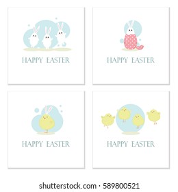 Set of four Easter greeting cards with three playful white rabbits jumping, hare breaking out of aegg, small bird in a bunny ears hat, yellow chicks dancing together. Vector composition with lettering