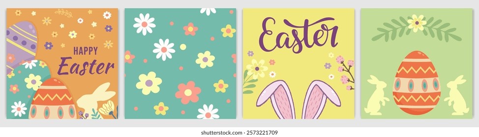 Set of four Easter themed commercial banners with colorful eggs, flowers, bunny ears, and typography, lettering on vibrant backgrounds, for seasonal promotions or invitations. Vector illustration