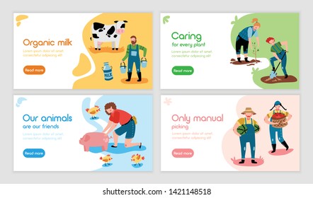 Set of four eco farming horizontal banners with doodle images characters and editable text with buttons vector illustration
