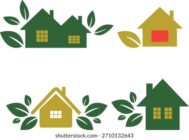 Conjunto de cuatro iconos de logotipo de casa y hoja respetuosos del medio ambiente que representan la energía verde, la vida sostenible y los conceptos inmobiliarios