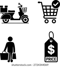 Eine Reihe von vier E-Commerce- und Liefersymbolen mit einem Roller, einem Einkaufswagen und einem Preisschild