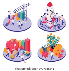 Set Of Four Economic Business Recovery Isometric Compositions With Bar Chart Elements Cash Workers And Virus Vector Illustration