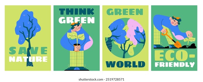 A set of four ECO-themed posters promoting environmental awareness. Perfect for use in environmental campaigns, eco-friendly products, or educational materials