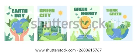 Set of four eco-themed posters showing Earth Day, green city, energy, and sustainability, in flat style on bright backgrounds. Vector illustration