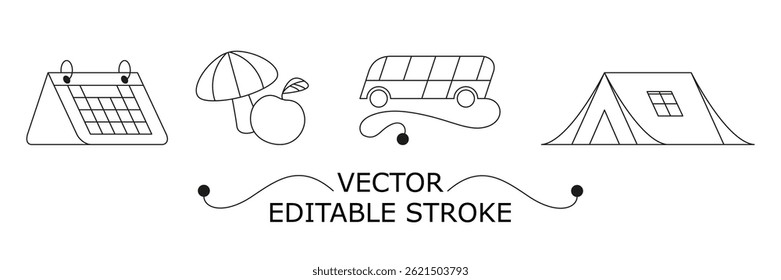 Set of four editable icons on the topic of tourism and recreation. Vector illustration for the website. Tent, arrival calendar, apple and mushroom, bus route. Symbols of summer holidays.