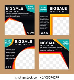 A set of four editable square templates for social media posts in dark blue, navy, tosca, orange, yellow, and red. Fashion and lifestyle blog templates, web banners with placeholder for photo.