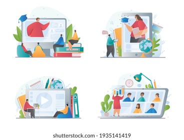 Set of four educational, e-learning and web seminar scenes with students and professional personal teachers working online on digital devices, video conferencing, colored abstract vector illustrations