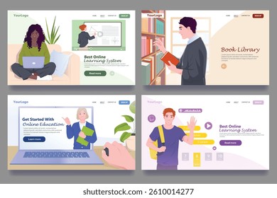 Set of four educational website scenes showing students and teachers engaging in online learning, distance education, and digital libraries. Vector illustration