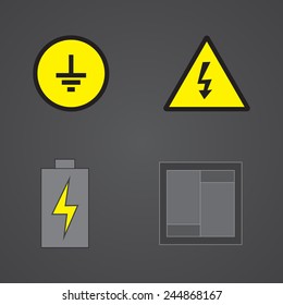Set of four electricity icons with battery, switch, sign grounding and height voltage on dark background.