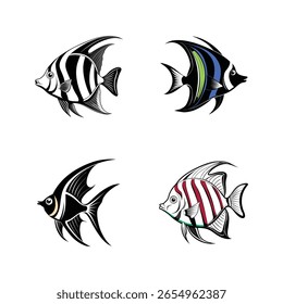 Conjunto de cuatro elegantes iconos de peces ángel para temas acuáticos y marinos sobre fondo blanco