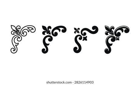 Set of four elegant black flourish corner ornaments with fleurdelis motifs