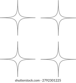 A set of four elegant black line art four-pointed stars or astroid shapes isolated on a clean white background. Perfect for modern geometric designs, patterns, logos, retro Y2K aesthetics, and minimalist decorative illustrations.
