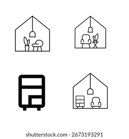 A set of four elegant black outline icons depicting modern home interiors and furniture items like armchairs, plants, dressers, and lamps within stylish house-shaped frames.