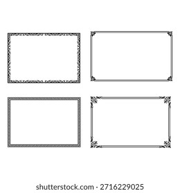 Conjunto de cuatro elegantes marcos de Vector negro con varios bordes decorativos, incluyendo volutas y patrones griegos clave, ideal para Elementos de diseño.