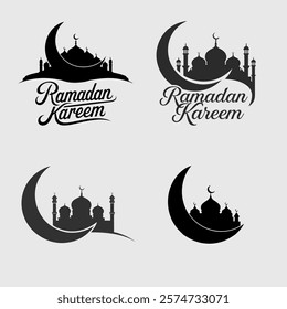 A set of four elegant black and white logos of Ramadan in various styles and religious symbolism