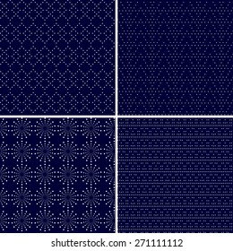 Set of four elegant dark blue seamless patterns with geometric dot ornament