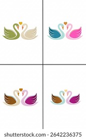 A set of four elegant designs featuring a pair of swans, their necks forming a heart shape, symbolizing love, romance, and partnership
