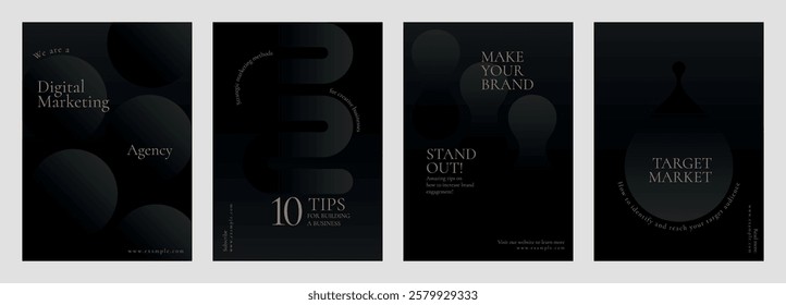 Set of four elegant digital marketing posters. Dark theme with bold text. Focus on branding, agency tips, and target market. Sleek, modern design for marketing. Black business vector template set.