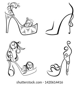 Set of four elegant female abstract shoes with high heels, isolated black vector on the white artwork, hand drawing
