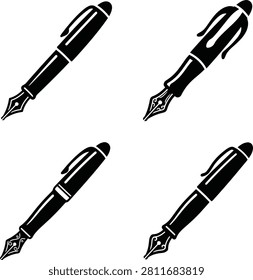 Set of four elegant fountain pen nib icons in black