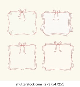 Set of Four Elegant Hand-Drawn Square Frames with Ribbon Bows, Minimal Line Art Decorative Borders