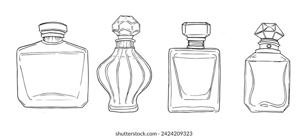 
A set of four elegant line-drawn perfume bottles, varying in design from classic to modern, ideal for beauty and fashion themes.