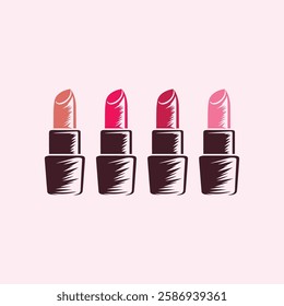 Set of Four Elegant Lipstick Logo Vector Illustration Templates for Makeup Background, Flyer Marketing, and Cosmetics Branding in Beauty Industry