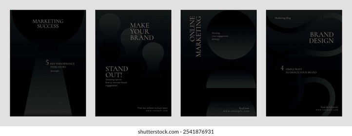 Conjunto de cuatro elegantes carteles de marketing con fondos oscuros. Cada póster destaca temas de marketing, marca y diseño con una tipografía atrevida y moderna. Conjunto de Plantilla de Vector de negocios negro.