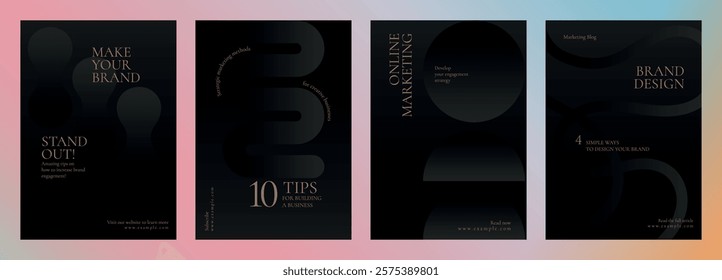 Set of four elegant marketing templates with dark backgrounds. Features text on branding, online marketing, and design tips. Sleek and modern design. Black business vector template set.