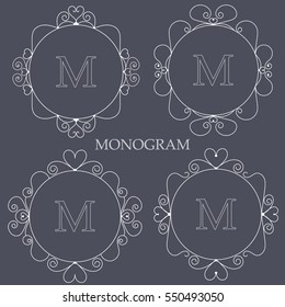 Set of four elegant monogram templates with heart shapes design template for one or two letters