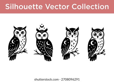Set of four elegant owl silhouettes with celestial details, perfect for various design projects.