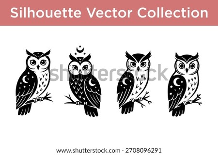 Set of four elegant owl silhouettes with celestial details, perfect for various design projects.