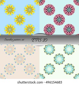 Set of four elegant seamless patterns with floral and Mandala elements. Nice hand-drawn illustration
