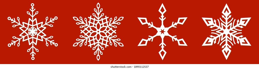 Set of four elegant snowflakes on red Christmas background. Decorative seamless vector pattern.