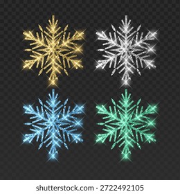 Das Set besteht aus vier eleganten Vektor-Schneeflocken in den Farben Gold, Blau, Silber und Minzgrün. Jeder filigrane Kristall ist mit einer glitzernden Glitzerstruktur, leuchtenden Lichtfackeln und magischen leuchtenden Funken ausgestattet. Einzeln auf dunklem, transparentem Hintergrund eignen sich diese anspruchsvollen Winterelemente perfekt für luxuriöse Weihnachtskarten, Neujahrseinladungen, festliches Branding und Urlaubsschmuckdesigns