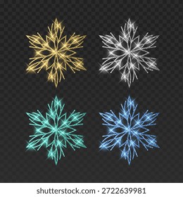 Das Set besteht aus vier eleganten Vektor-Schneeflocken in den Farben Gold, Blau, Silber und Minzgrün. Jeder filigrane Kristall ist mit einer glitzernden Glitzerstruktur, leuchtenden Lichtfackeln und magischen leuchtenden Funken ausgestattet. Einzeln auf dunklem, transparentem Hintergrund eignen sich diese anspruchsvollen Winterelemente perfekt für luxuriöse Weihnachtskarten, Neujahrseinladungen, festliches Branding und Urlaubsschmuckdesigns