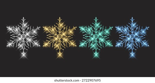 Das Set besteht aus vier eleganten Vektor-Schneeflocken in den Farben Gold, Blau, Silber und Minzgrün. Jeder filigrane Kristall ist mit einer glitzernden Glitzerstruktur, leuchtenden Lichtfackeln und magischen leuchtenden Funken ausgestattet. Einzeln auf dunklem, transparentem Hintergrund eignen sich diese anspruchsvollen Winterelemente perfekt für luxuriöse Weihnachtskarten, Neujahrseinladungen, festliches Branding und Urlaubsschmuckdesigns