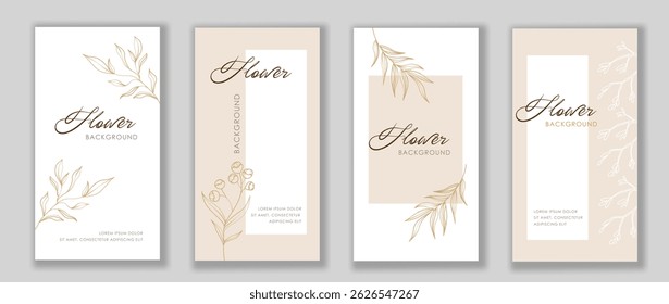 Set of four elegant vertical cards with minimalist floral line art in gold on soft beige and white backgrounds, ideal for botanical themes. Vector illustration