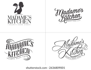 A set of four elegant and vintage-inspired logo designs for Kitchen, Cafe, Restaurant, Catering. Typographic and illustrative style, including script lettering, modern serif, and decorative type.