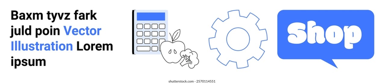 Set of four elements including a calculator, apple, gear, and a shop symbol in a speech bubble with placeholder text. Ideal for ecommerce, education, technology, business, and online shopping. Banner