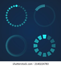 A set of four elements for user interface design. Icons for game design, business. Vector illustration with various lines, circles, stripes. Blue futuristic loading bar.