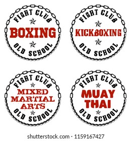 Set of four emblems of martial arts. Boxing. Kickboxing. Mixed martial arts. Thai boxing. Inscription - Fight club and old school. Illustrations for t-shirt print, textiles. Cool grunge print. Vector.