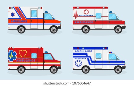 Set of four emergency ambulance cars. Ambulance car side view. Emergency medical service vehicle. Medicine paramedic transportation. Hospital transport. Flat style vector illustration.