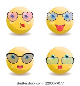 Set of four emoji with different emotions, in different colors, in heart and cloud shaped glasses, drop and rectangle with black frame.