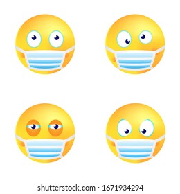 Set of four emoticons in medical masks. Vector isolated on white background.