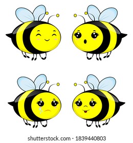 Set of four emotion bees. Use as symbol icon element emblem for childrens books pictures and cards. Vector illustration isolated on white background. 
