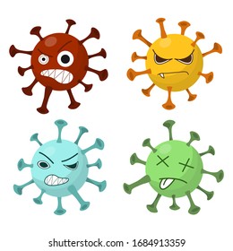 A set of four emotional characters is isolated on a white background. Multicolored coronavirus bacteria are drawn in cartoon style